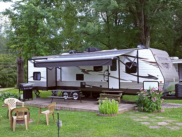 Bunkhouse RV Rental Exterior at Brook n Wood Campground